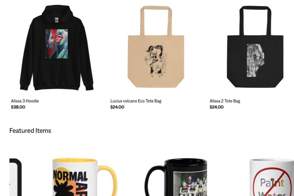 A product display showcases a black hoodie for $38.00, two tote bags at $24.00 each, and four mugs featuring artistic themes. Among the mugs, one focuses on Normal Art, another highlights sci-fi, while a third cleverly says Paint Water. Discover how setting priorities can enhance your style with these unique items.